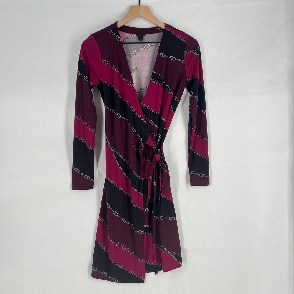Ann Taylor Mini Wrap Dress Womens‎ 2P Multicolor Chain Stripe Stretch Tie Waist